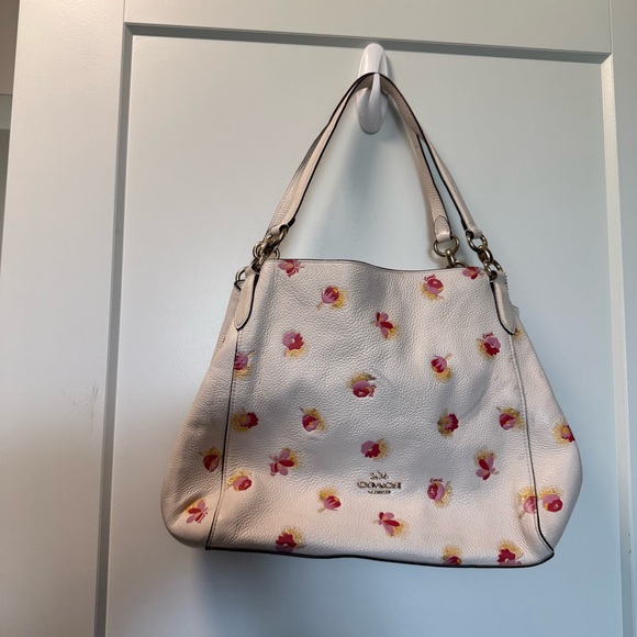 Coach Hallie Shoulder Bag Pop Floral‎ Print White Flowers Gold Pebble Leather - Picture 2 of 12